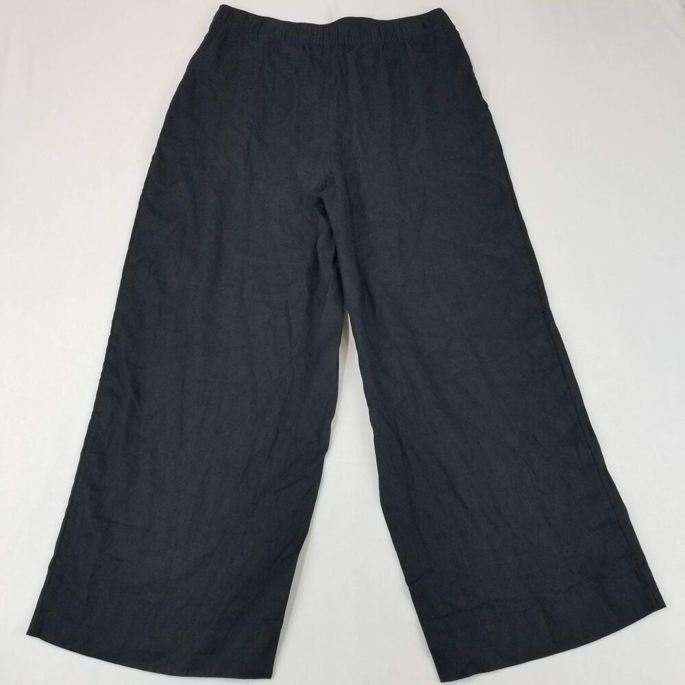 Tahari Pants Womens Large Black Linen Wide Leg Pull On Elastic Waist Pockets - Picture 2 of 11